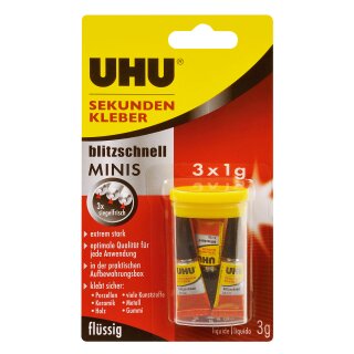Uhu Sekundenkleber blitzschnell MINIS 3x1g in Aufbewahrungsbox Infokarte