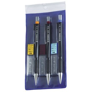 ECOBRA Feinminenstifte 3er Set im Kunststoff-Etui (0,3mm, 0,5mm, 0,7mm) inklusive Ersatzminen